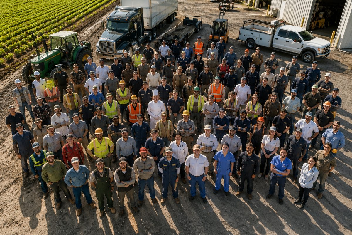 An aerial view of a large workforce of skilled professionals gathered on site