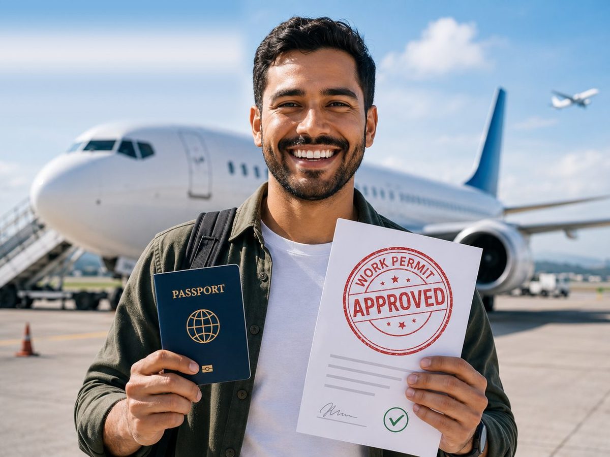 A candidate at the airport holding a passport and an approved work permit
